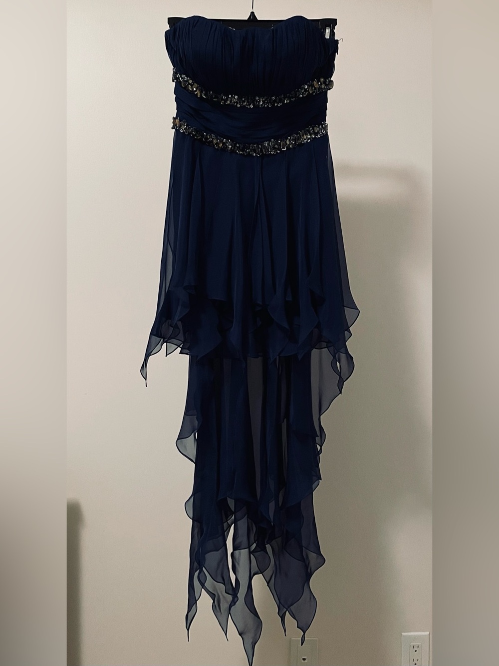 La Femme Navy Strapless Beaded Evening Dress
